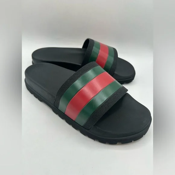 GUCCI AUTHENTIC Web Trek Lug Sole Slides Sandals Green Red Back Men’s 11 429469 - Picture 10 of 14